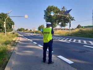 kontrola drogowa, policjant z miernikiem prędkości stoi przy drodze